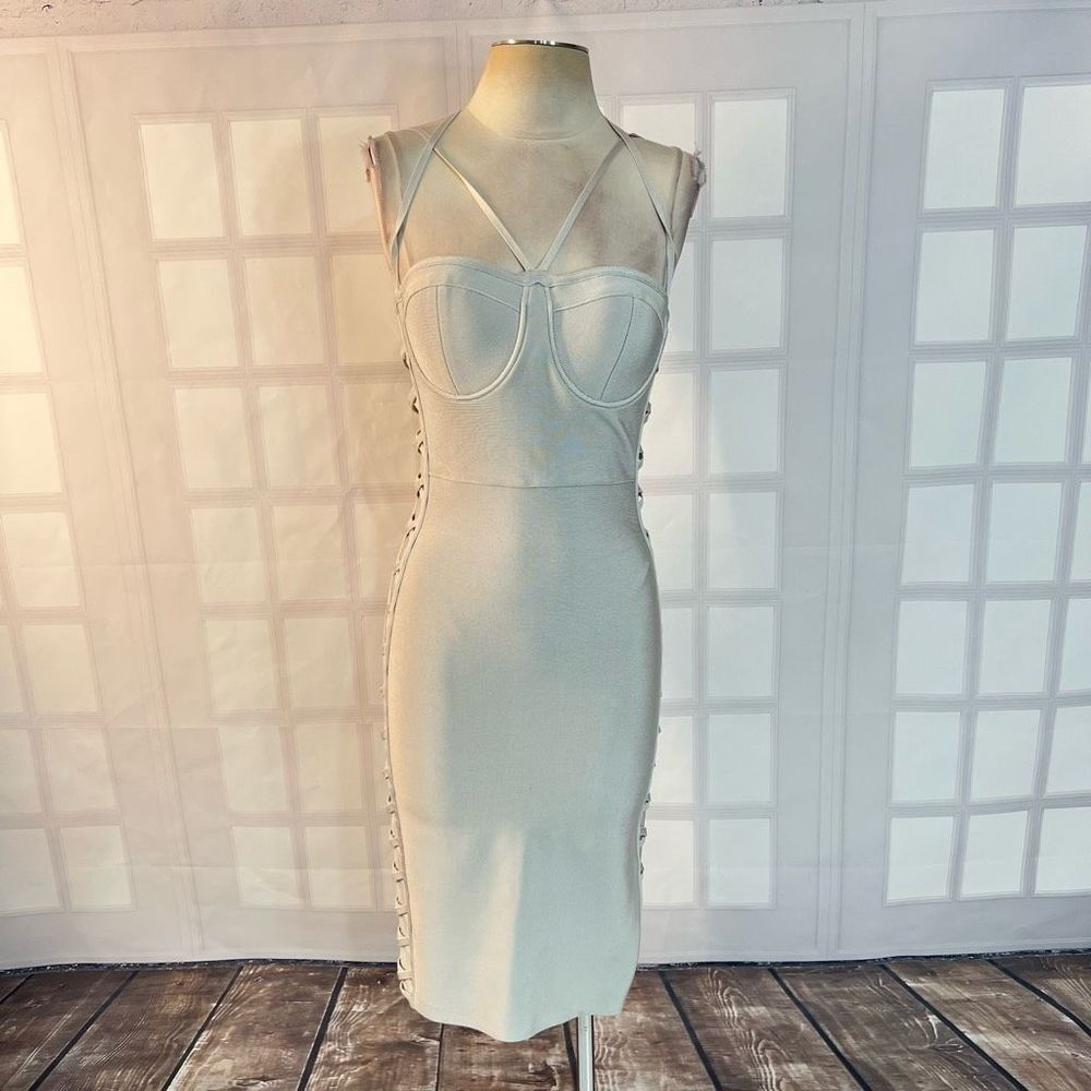 Bebe light gray bodycon bustier cocktail party dress size medium